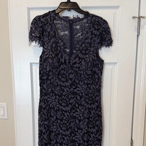Eliza J Navy Floral Lace Midi Dress with Cap Sleeves